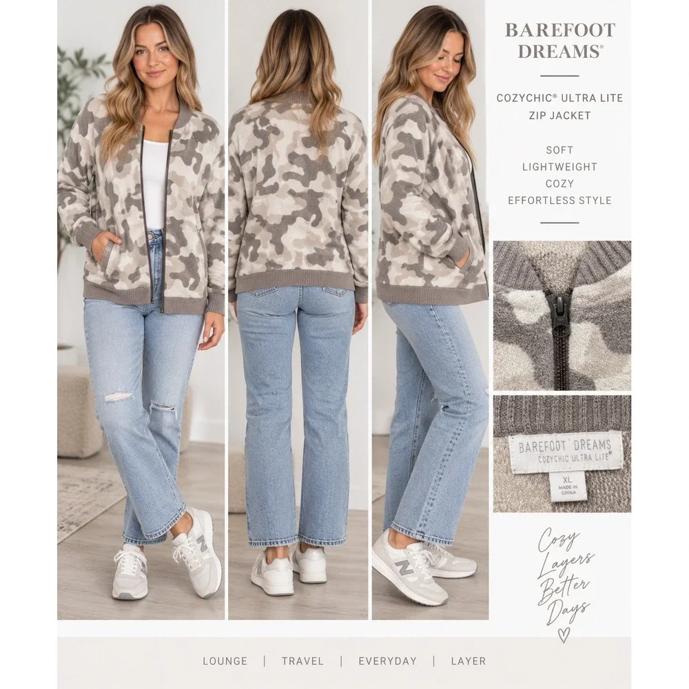 Barefoot Dreams CozyChic Ultra Lite Camo Full Zip Jacket Womens XL Gray Beige